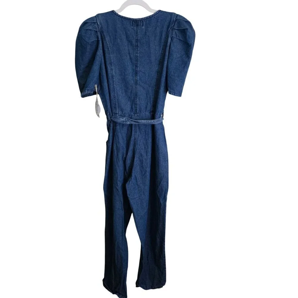 Jessica Simpson NWT Denim Puff Short Sleeve Scoop Neck Belted Jumpsuit Size L